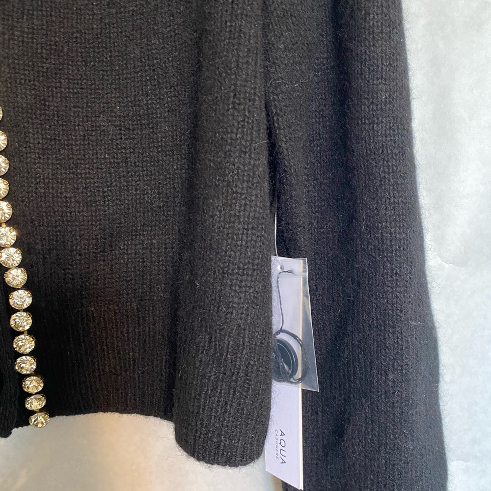 Aqua Black Cashmere V-Neck Cardigan with Rhinestone Trim - Picture 8 of 9